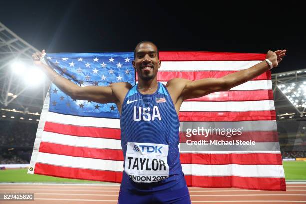 Christian Taylor of the United States celebrates winning gold in the mens triple jump final during day seven of the 16th IAAF World Athletics...