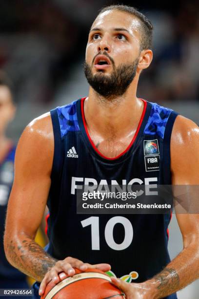 Evan Fournier of France is at the free throw line during the international friendly game between France v Lithuania at Palais des Sports on August...