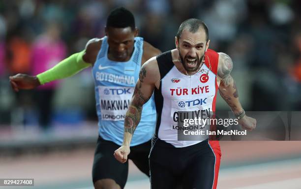 Ramil Guliyev of Turkey celebrates as he wins the Min's 200m final during day seven of the 16th IAAF World Athletics Championships London 2017 at The...