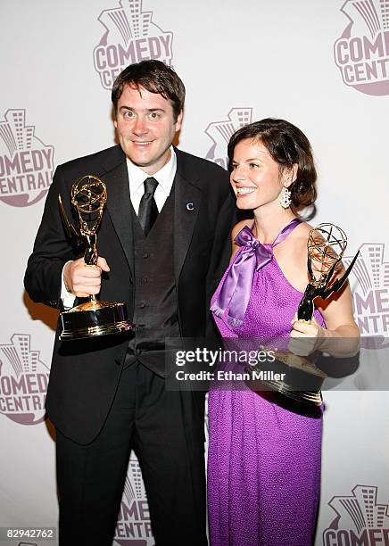 Writers Michael Brumm and Meredith Scardino of "The Colbert Report" arrive at Comedy Central's Emmy Awards party at the STK restaurant on September...