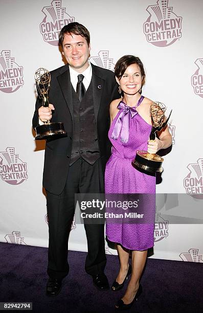 Writers Michael Brumm and Meredith Scardino of "The Colbert Report" arrive at Comedy Central's Emmy Awards party at the STK restaurant on September...