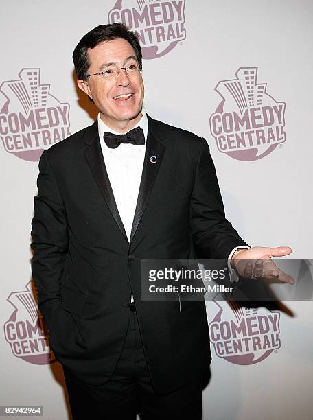 The Colbert Report" talk show host Stephen Colbert arrives at Comedy Central's Emmy Awards party at the STK restaurant on September 21, 2008 in Los...