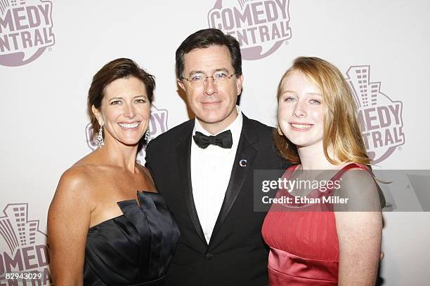 The Colbert Report" talk show host Stephen Colbert (C, his wife Evie Colbert and daughter Madeleine Colbert arrive at Comedy Central's Emmy Awards...