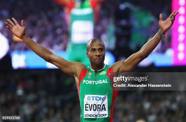 Nelson Evora of Portugal reacts after his final jump of the mens triple jump final during day seven of the 16th IAAF World Athletics Championships...