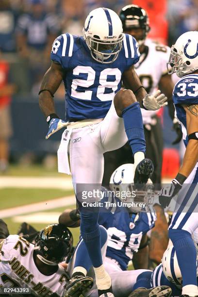 Cornerback Marlin Jackson of the Indianapolis Colts celebrates after making a tackle in a game against the Jacksonville Jaguars at Lucas Oil Stadium...