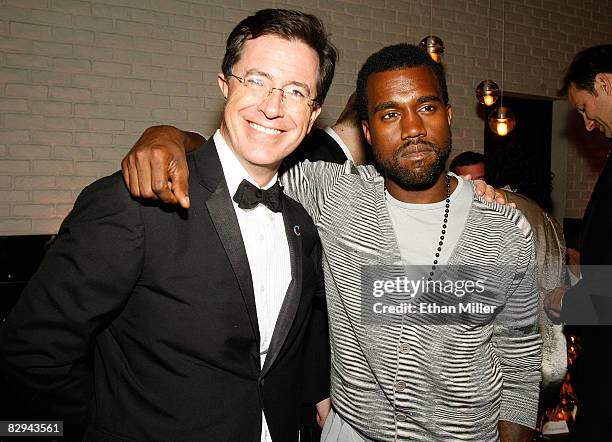 Talk show host Stephen Colbert and rapper Kayne West attend the Comedy Central Emmy Awards party at the STK restaurant September 21, 2008 in Los...