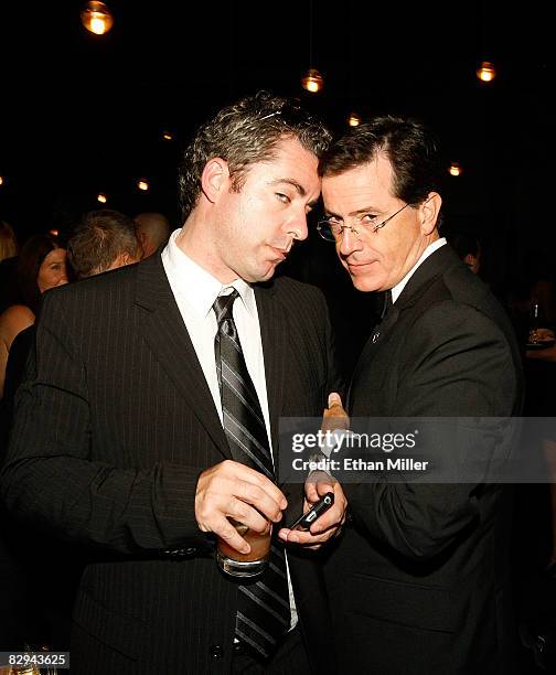 The Daily Show with Jon Stewart" correspondent Jason Jones talks with talk show host Stephen Colbert at Comedy Central's Emmy Awards party at the STK...