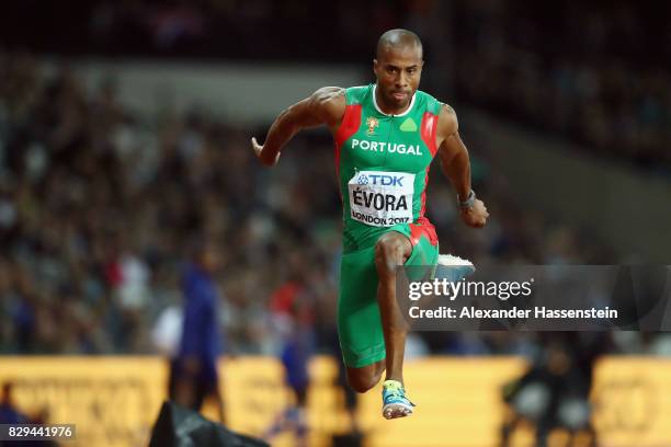Nelson Evora of the Portugal competes in the mens triple jump final during day seven of the 16th IAAF World Athletics Championships London 2017 at...
