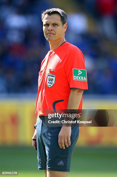 Referee Michael Weiner is seen during the 2nd Bundesliga match between FSV Frankfurt and Rot-Weiss Oberhausen at the Commerzbank-Arena on September...