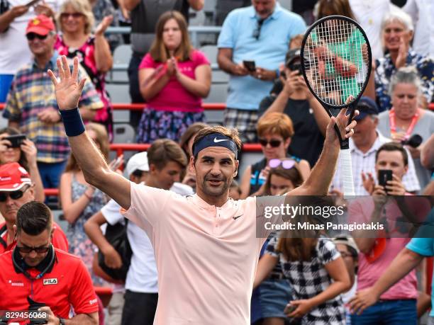 Roger Federer of Switzerland celebrates his victory over David Ferrer of Spain during day seven of the Rogers Cup presented by National Bank at...