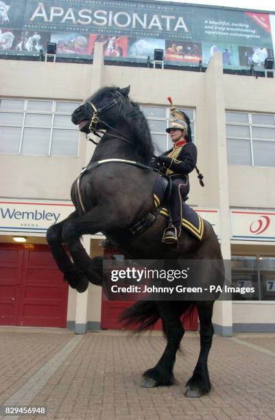 Alexa Meininghaus rides her Friesian horse, Freark. Both Alexa and Freark will be taking part in the horse spectacular 'Apassionata' at Wembley Arena...