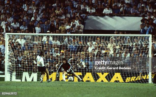 Klaus Fischer of Germany score a penalty Jean Luc Ettori of France during of the game Semi Final World Cup match between West Germany and France 8th...