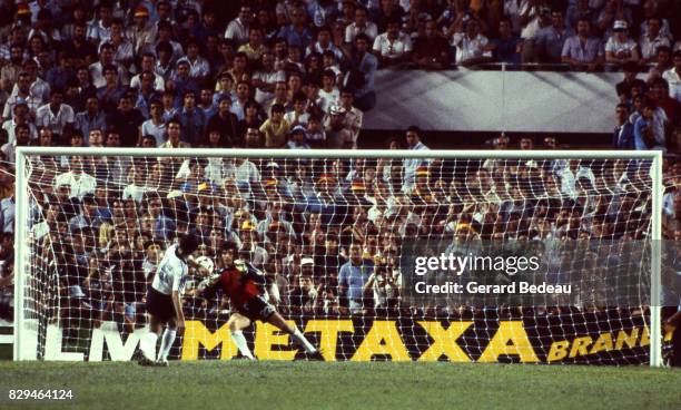 Jean Luc Ettori of France save a penalty shoot by Uli Stielike of Germany during of the game Semi Final World Cup match between West Germany and...