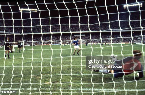 Harald Schumacher of Germany save a penalty shoot by Didier Six of France during of the game Semi Final World Cup match between West Germany and...