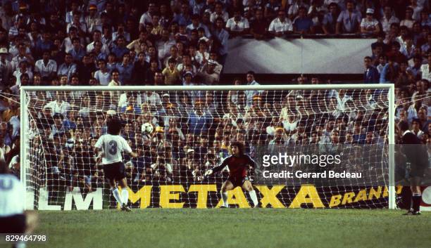 Paul Breitner of Germany score a penalty Jean Luc Ettori of France during of the game Semi Final World Cup match between West Germany and France 8th...