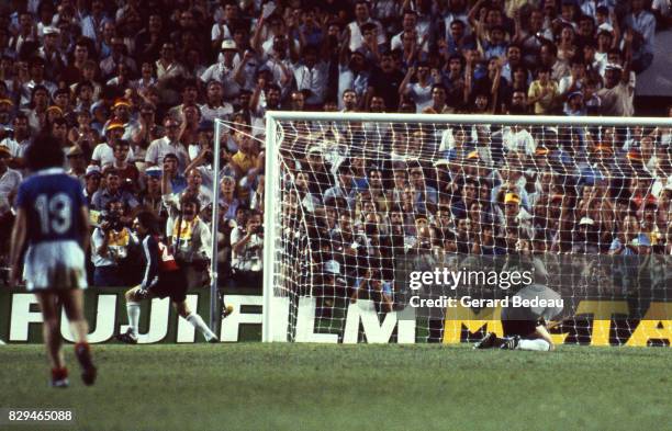 Jean Luc Ettori of France celebrate his save, Uli Stielike of Germany looks dejected during of the game Semi Final World Cup match between West...