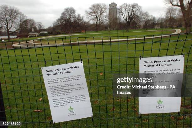 Notice on a fence at The Diana, Princess of Wales Memorial Fountain in London's Hyde Park. Repairs to the ill-fated Diana Princess of Wales Memorial...