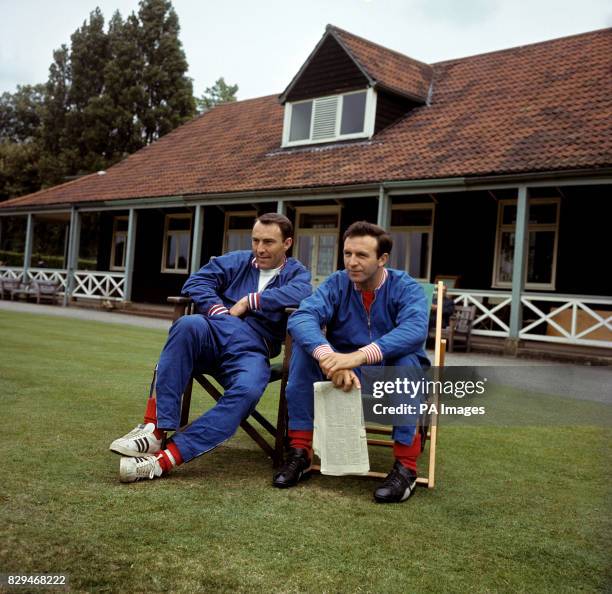 England's Jimmy Greaves and Jimmy Armfield take it easy during a training session at Roehampton