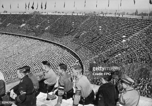 Members of the Hitler Youth at the Olympiastadion, Berlin, for National Day celebrations of 1st May, circa 1937.