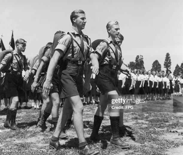 Members of the Hitler Youth set off on a route march, circa 1935.