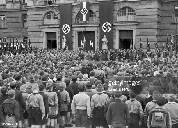 German boys are inducted into the Deutsches Jungvolk, a Hitler Youth organization, at a ceremony in Kaiser Franz Joseph Platz, Berlin, 19th April...