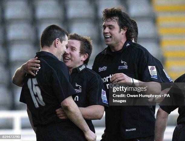 Newcastle Falcons Mathew Burke is congratulated after scoring a try against Newport Gwent Dragons.