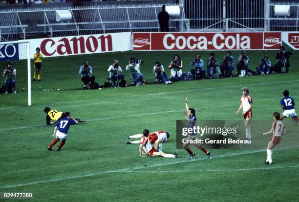 Michel Platini of France celebrates his goal during the European Championship match between France and Denmark at Parc des Princes, Paris, France on...