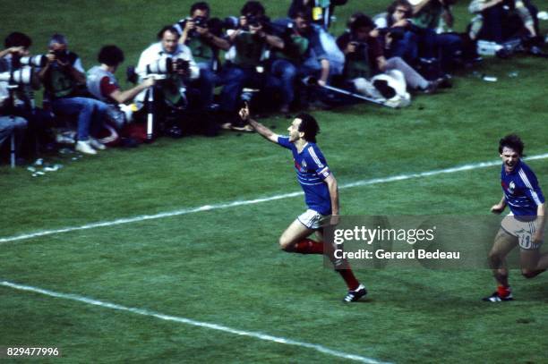 Michel Platini of France celebrate his goal during the European Championship match between France and Denmark at Parc des Princes, Paris, France on...