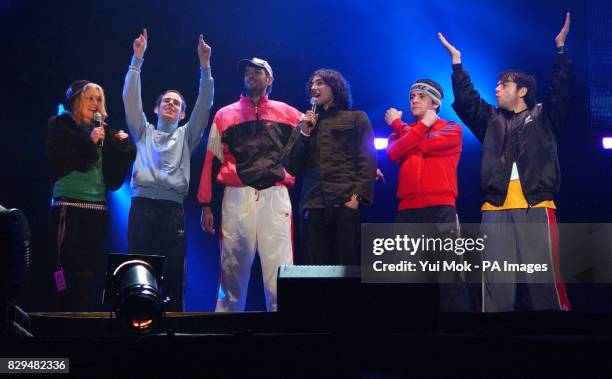 Presenters Fearne Cotton and Alex Zane with Welsh rap collective Goldie Lookin' Chain during the Tsunami Relief Concert.