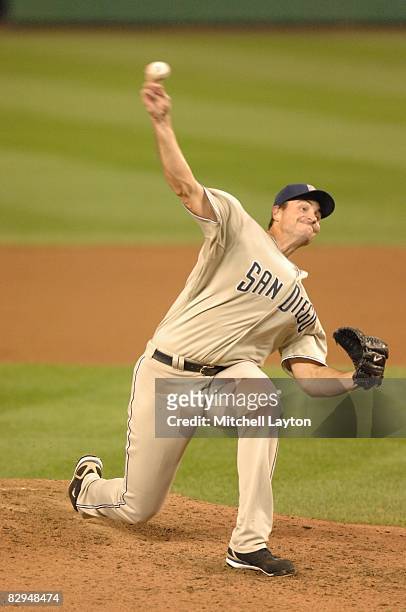 Chris Young of the San Diego Padres pitches during a baseball game against the Washington Nationals on September 20, 2008 at Nationals Park in...