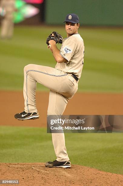 Chris Young of the San Diego Padres pitches during a baseball game against the Washington Nationals on September 20, 2008 at Nationals Park in...