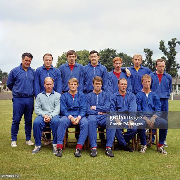 The England team which defeated Portugal to advance to the World Cup Final: trainer Harold Shepherdson, George Cohen, Martin Peters, Gordon Banks,...