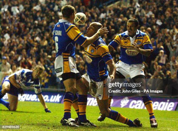 Leeds Rhinos' Chev Walker celebrates his opening try against Canterbury Bulldogs.