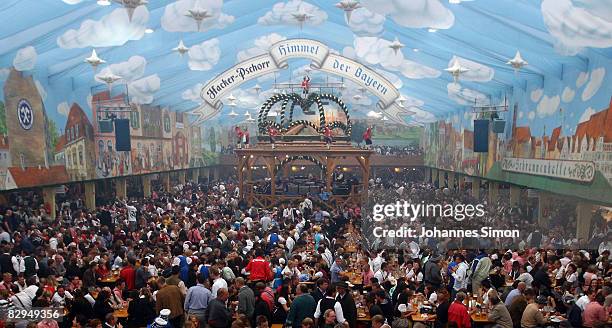 Inside view of the Hackerfestzelt beer tent, seen during day 3 of the Oktoberfest beer festival on September 22, 2008 in Munich, Germany. The...