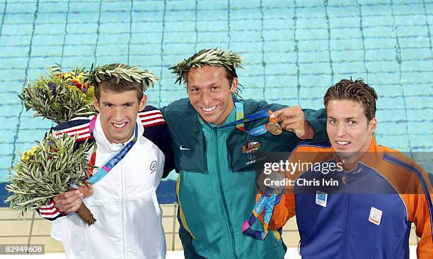 Medal Winners in Mens 200m Freestyle Final, Ian Thorpe of Australia wins the gold medal, Pieter van den Hoogenband of the Netherlands wins the silver...