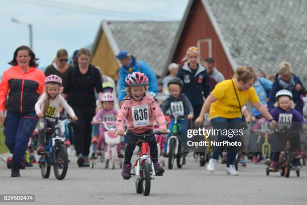 Group of local children from Andorja Island compete during a 500m race on the opening day of Arctic Race of Norway 2017. On Thursday, August 10 in...