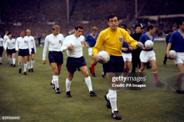 England's Gordon Banks, Ian Callaghan, Roger Hunt, Bobby Charlton, Ray Wilson and Nobby Stiles walk out before the match