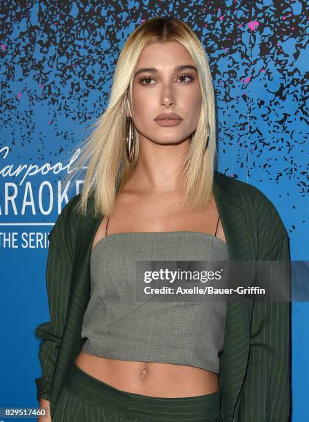 Model Hailey Baldwin arrives at 'Carpool Karaoke: The Series' On Apple Music Launch Party at Chateau Marmont on August 7, 2017 in Los Angeles,...