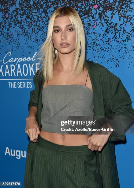 Model Hailey Baldwin arrives at 'Carpool Karaoke: The Series' On Apple Music Launch Party at Chateau Marmont on August 7, 2017 in Los Angeles,...