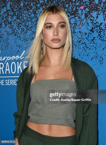 Model Hailey Baldwin arrives at 'Carpool Karaoke: The Series' On Apple Music Launch Party at Chateau Marmont on August 7, 2017 in Los Angeles,...