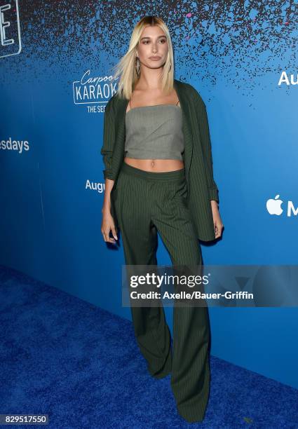 Model Hailey Baldwin arrives at 'Carpool Karaoke: The Series' On Apple Music Launch Party at Chateau Marmont on August 7, 2017 in Los Angeles,...