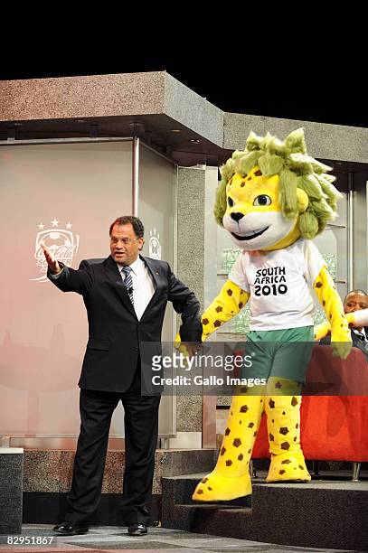 Ceo Danny Jordaan introduces the FIFA 2010 World Cup official mascot 'Zakumi' at the SABC Renaissance Studio on September 22, 2008 in Johannesburg,...