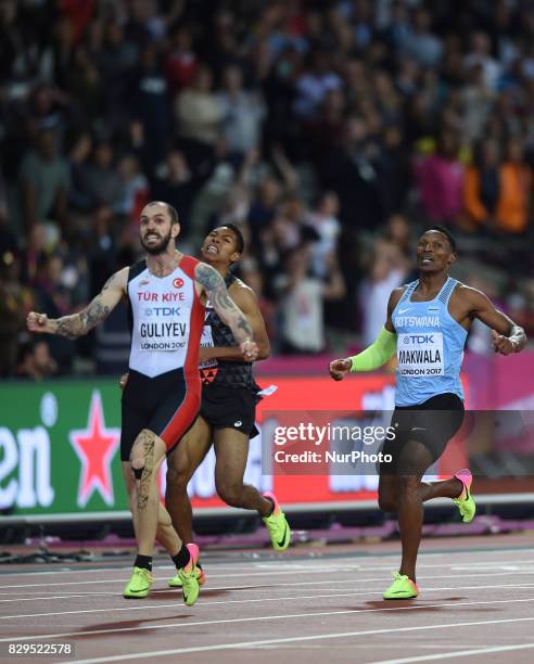 Ramil Guliyev of Turkey celebrates as he crosses the line to win the mens 200 metres final during day seven of the 16th IAAF World Athletics...