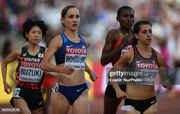 Shannon Rowbury of United States and Ayuko Suzuki of Japan compete in the womens 5000 metres heats during day seven of the 16th IAAF World Athletics...