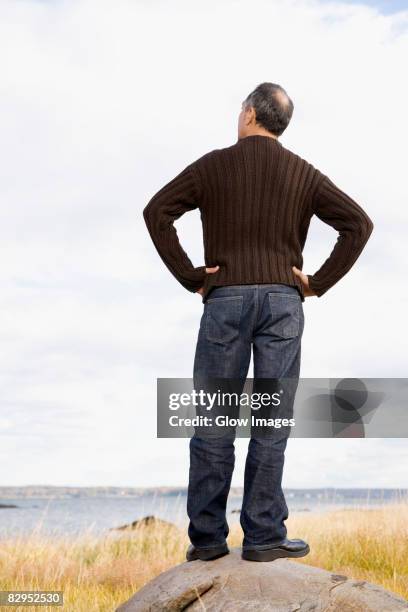 rear view of a mature man standing on a rock with arms akimbo - mano sobre la cadera fotografías e imágenes de stock
