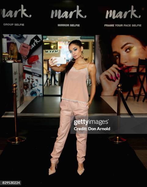 Pia Mia takes a selfie during the launch of The Selfie Story by mark. At Westfield Sydney on August 11, 2017 in Sydney, Australia. It is the world's...