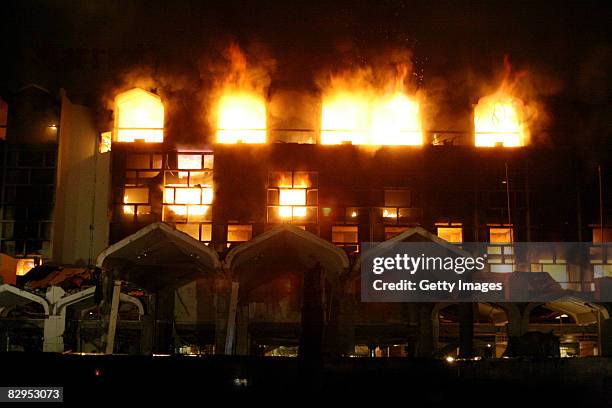 Smoke and fire fills the sky after a suicide truck bombing at the Marriott Hotel September 20, 2008 in Islamabad, Pakistan. The massive explosion...