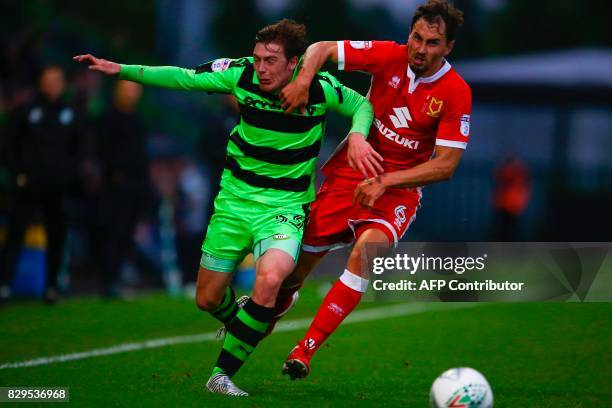 Forest Green Rovers' Luke James vies for the ball with MK Dons' Ed Upson during the EFL Cup football match between Forest Green Rovers and MK Dons at...