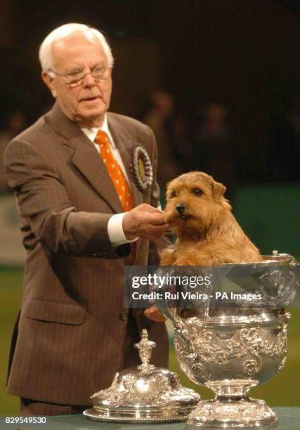 Champion Cracknor Cause Celebre or Coco, a six-year-old Norfolk Terrier, with her handler Peter Green, after she was named as Crufts 2005 Supreme...