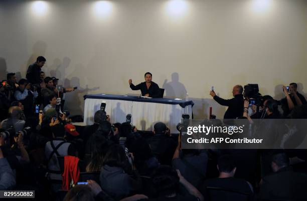 Mexican Latin Grammy-nominated singer Julio Cesar Alvarez Montelongo, known as "Julion Alvarez", offers a press conference in Mexico City on August...